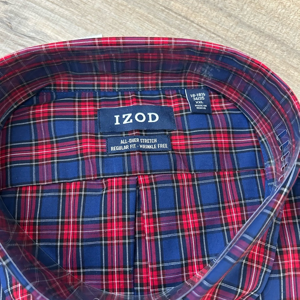 NWT Izod Men's Red and Navy Plaid Button Down Shirt - Size XXL 18-18.5 34/35 - Picture 11 of 12